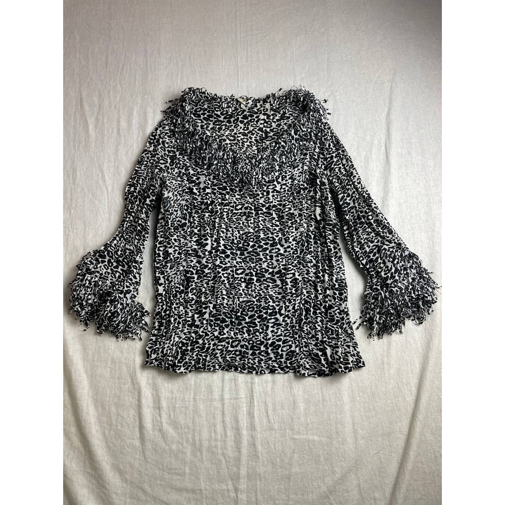 AGORA Fancy‎ White Black Animal Print Top Long Sleeve Fringe Trim Womens Large
